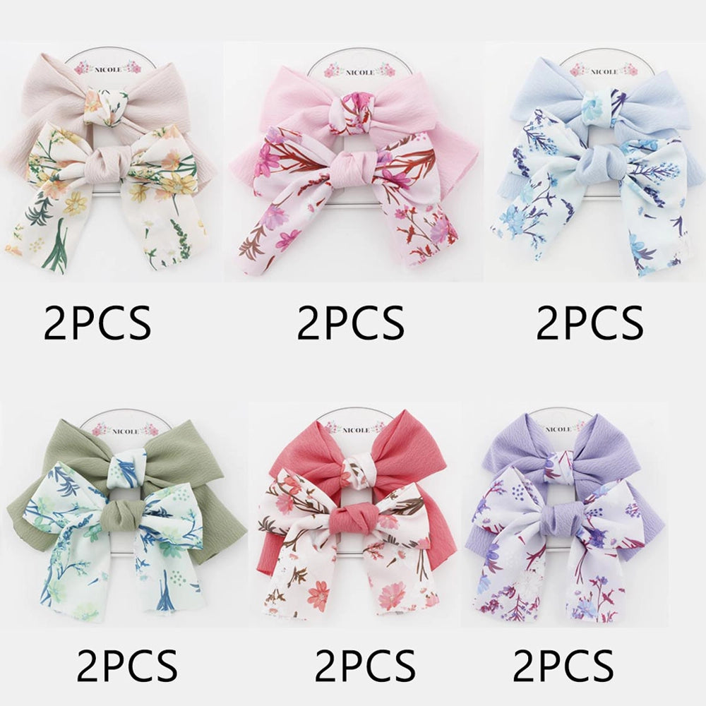 Floral & Solid Bow Hair Clip Set - 10cm (QR2282)
