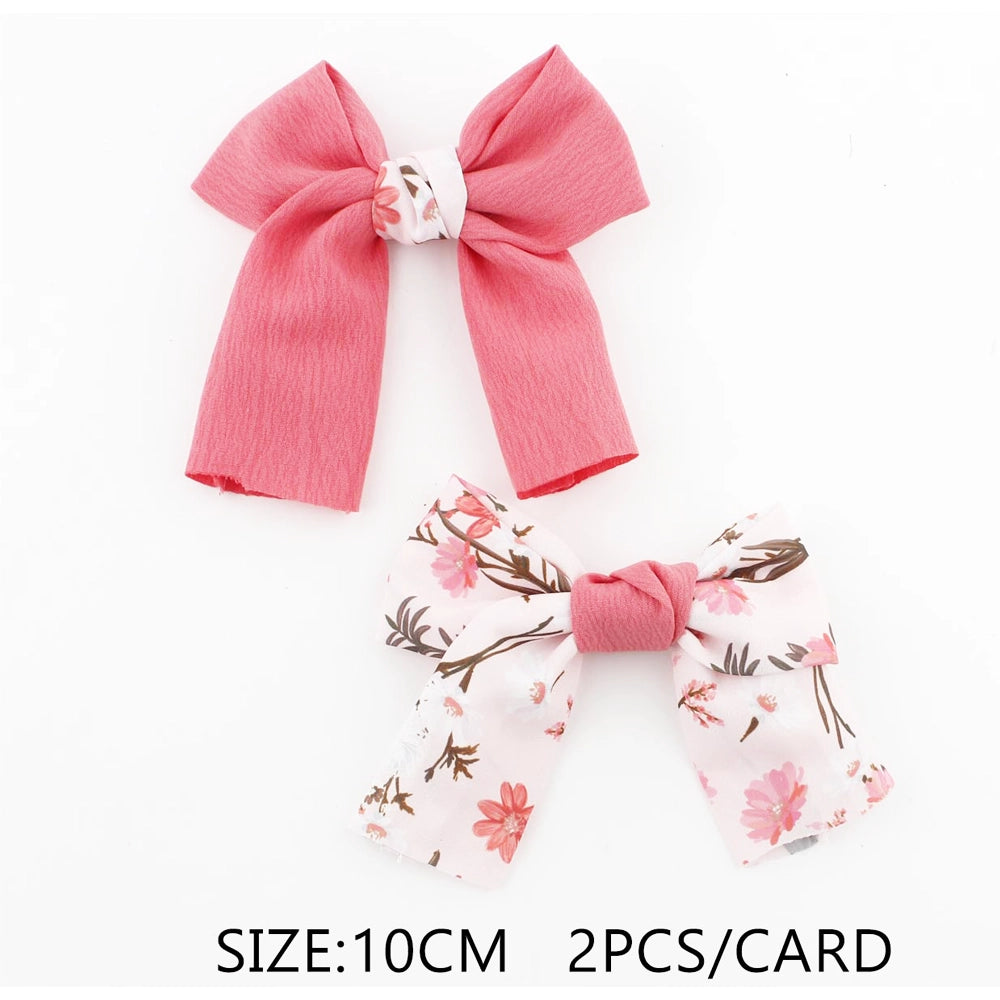 Floral & Solid Bow Hair Clip Set - 10cm (QR2282)
