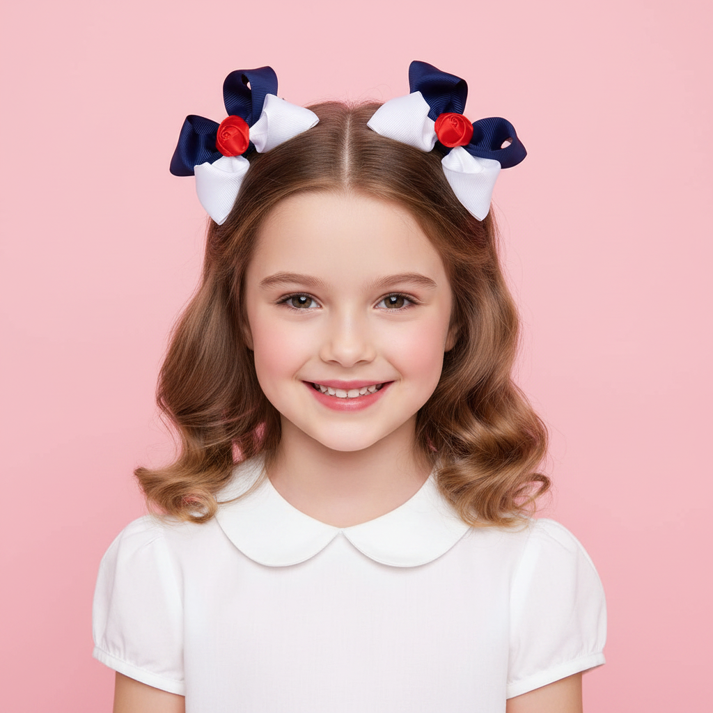 10cm Grosgrain Ribbon Bow Hair Clips with Center Rose – 24-Piece Bulk Assortment Pack (QR2312)