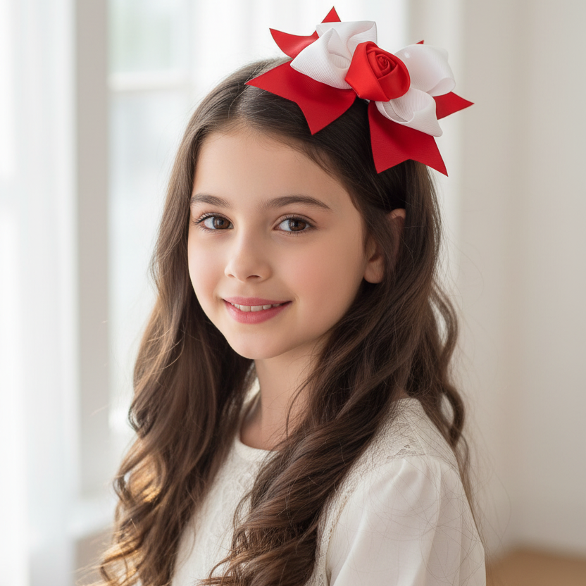 Red & White Rose Grosgrain Ribbon Hair Bows – 15cm Large Hair Alligator Clips (QR2313)