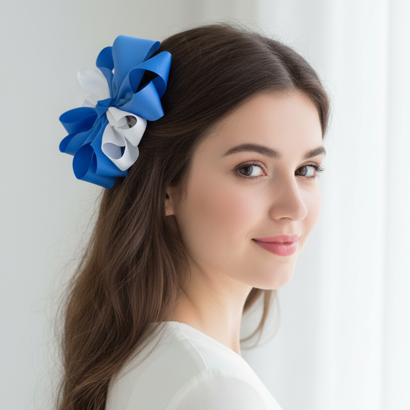 15cm Grosgrain Ribbon Hair Bow Clips  – Blue & White Multi-Layer Boutique Hair Accessories (QR2314)