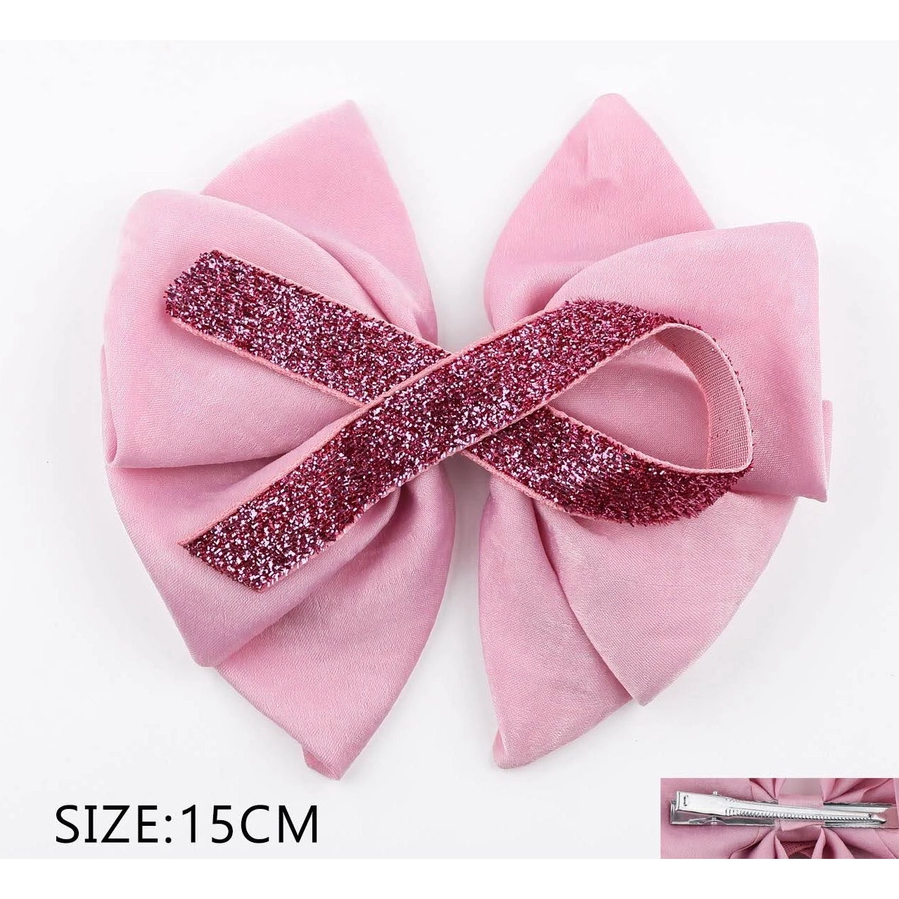 15cm Pink Ribbon Glitter Hair Bow Clip Set (12 Pack / Wholesale) (QR2346)