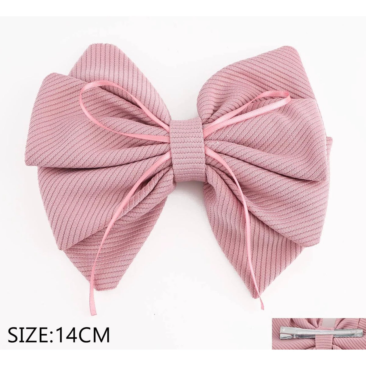 14CM Ribbed Fabric Hair Bow Clips with Thin Ribbon Overlay – Colorful Assorted 12-Piece Wholesale Pack (QR2357A)