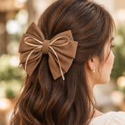 14CM Ribbed Fabric Hair Bow Clips with Thin Ribbon Accent – Neutral Colors 12-Piece Wholesale Pack (QR2357BR)