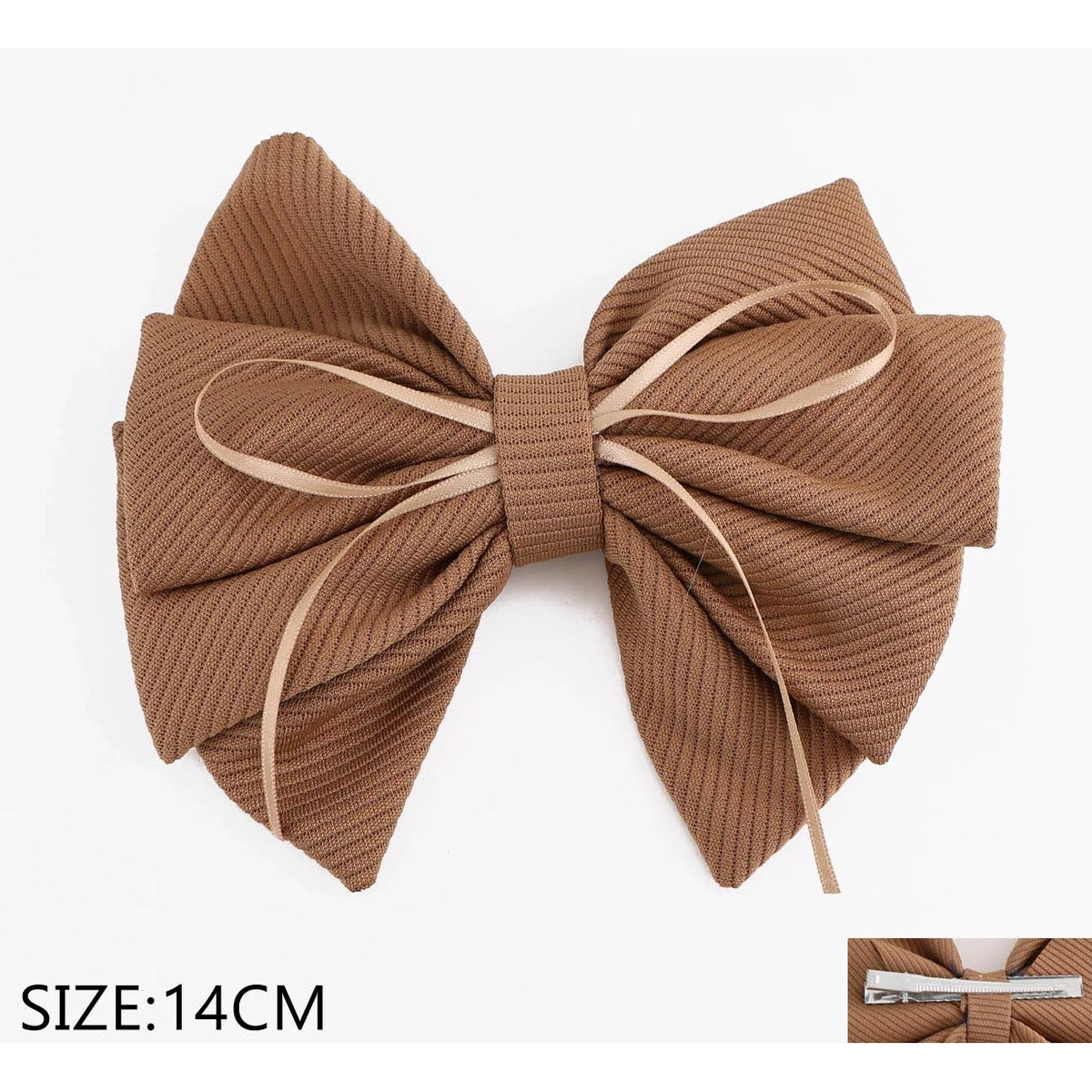 14CM Ribbed Fabric Hair Bow Clips with Thin Ribbon Accent – Neutral Colors 12-Piece Wholesale Pack (QR2357BR)
