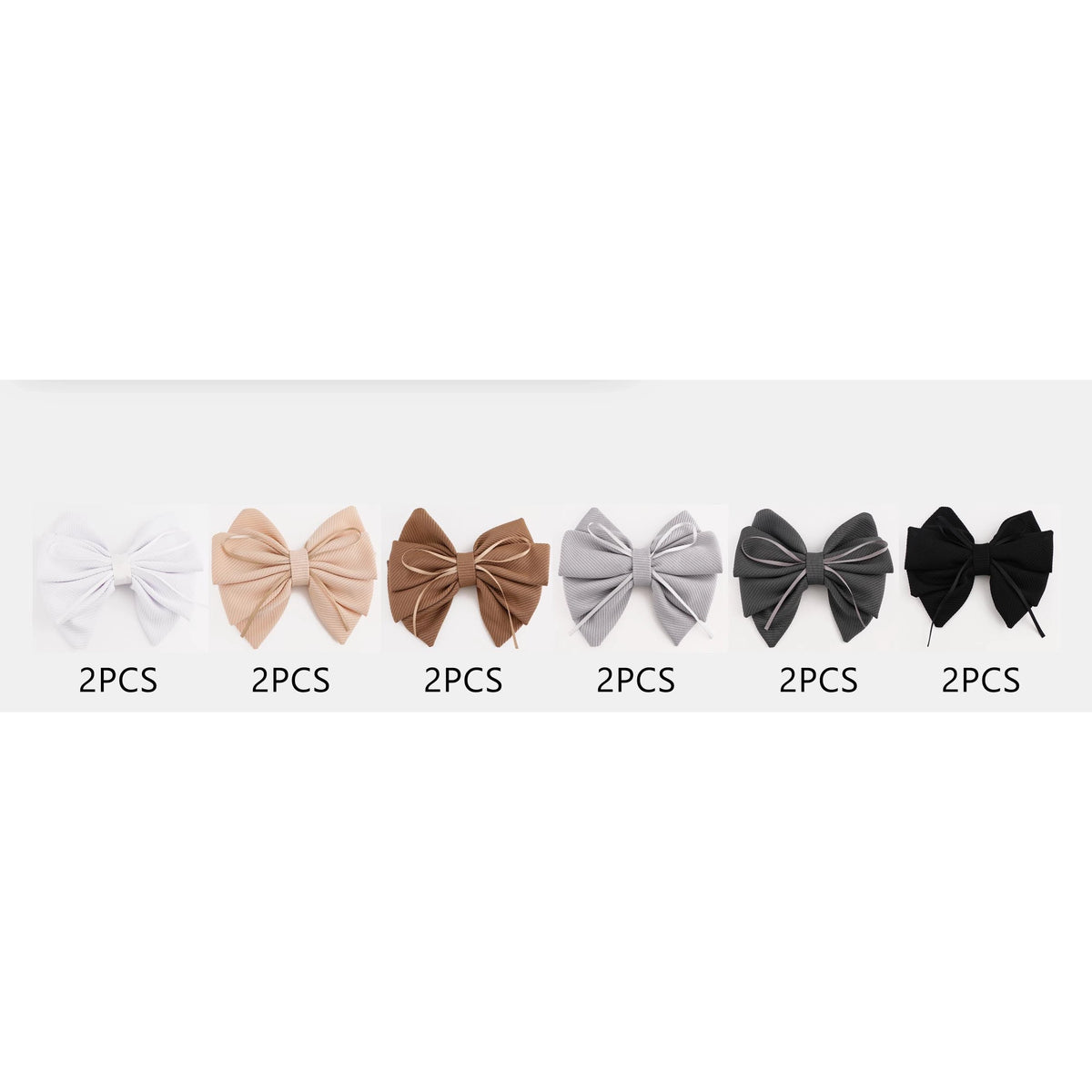 14CM Ribbed Fabric Hair Bow Clips with Thin Ribbon Accent – Neutral Colors 12-Piece Wholesale Pack (QR2357BR)