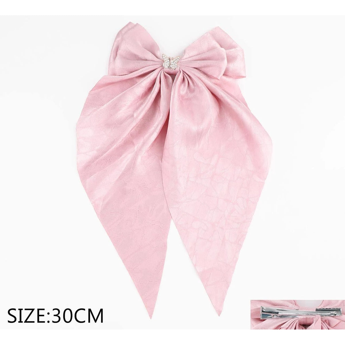 30CM Large Satin Hair Bow Clips with Rhinestone Butterfly Accent – Assorted Colors 12-Piece Wholesale Pack (QR2362A)