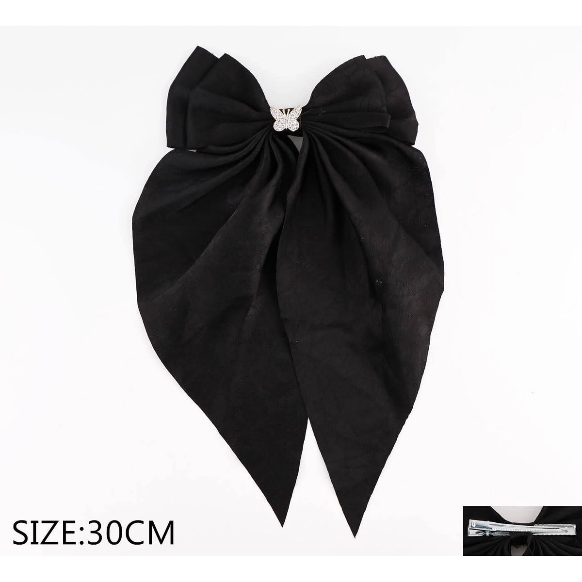 30CM Oversized Black & White Hair Bow Clips with Rhinestone Butterfly – 12 Pack WholesalE (QR2362B)