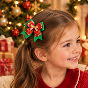 Christmas Holiday Ribbon Hair Bow Set with Gold Accent – 10cm Festive Hair Clip (QR2374)