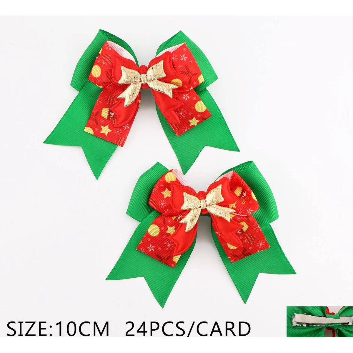 Christmas Holiday Ribbon Hair Bow Set with Gold Accent – 10cm Festive Hair Clip (QR2374)