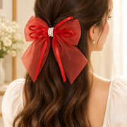 Organza Hair Bow with Pearls & Satin Ribbon – 18cm Extra Large Hair Bow Clip (QR2377A)
