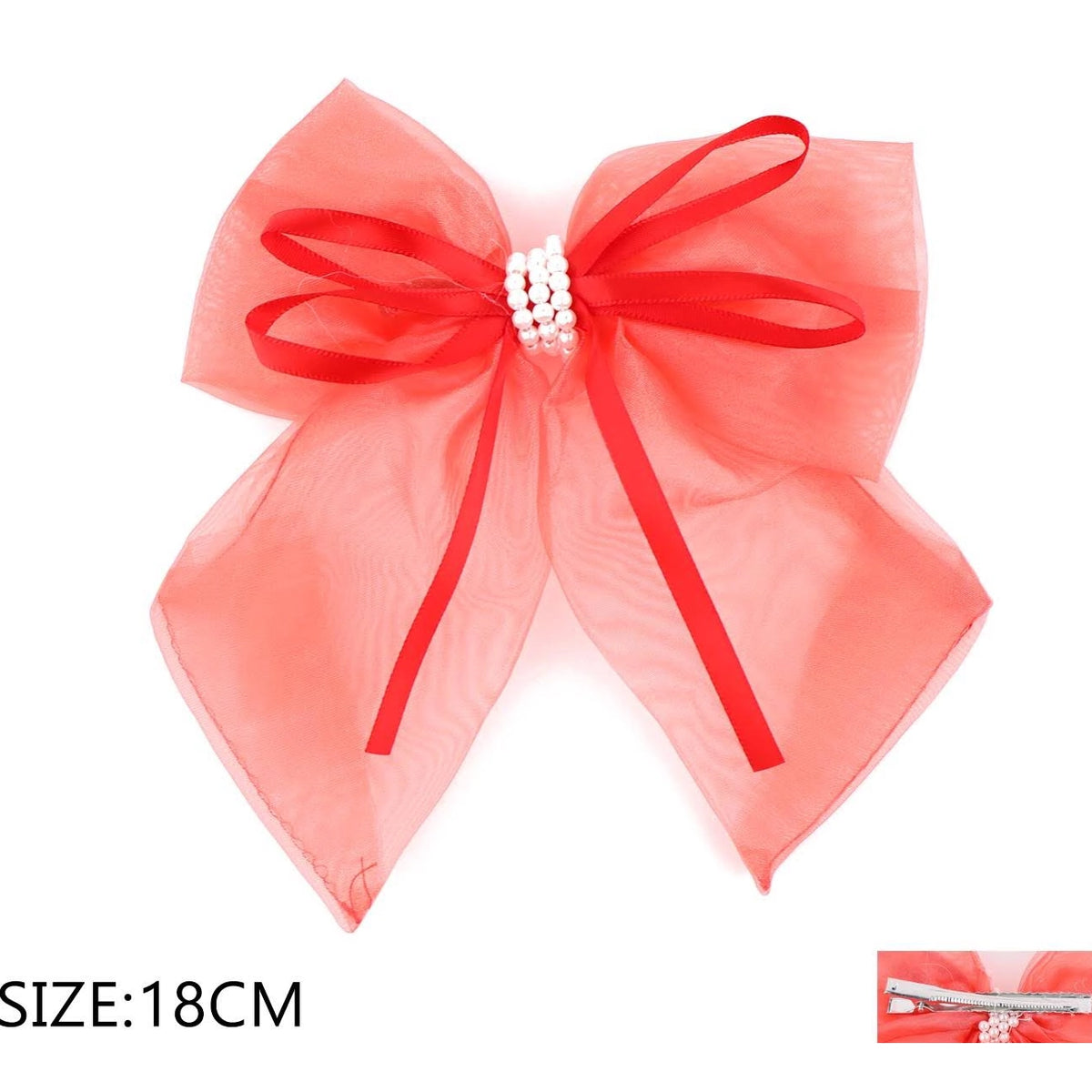 Organza Hair Bow with Pearls & Satin Ribbon – 18cm Extra Large Hair Bow Clip (QR2377A)