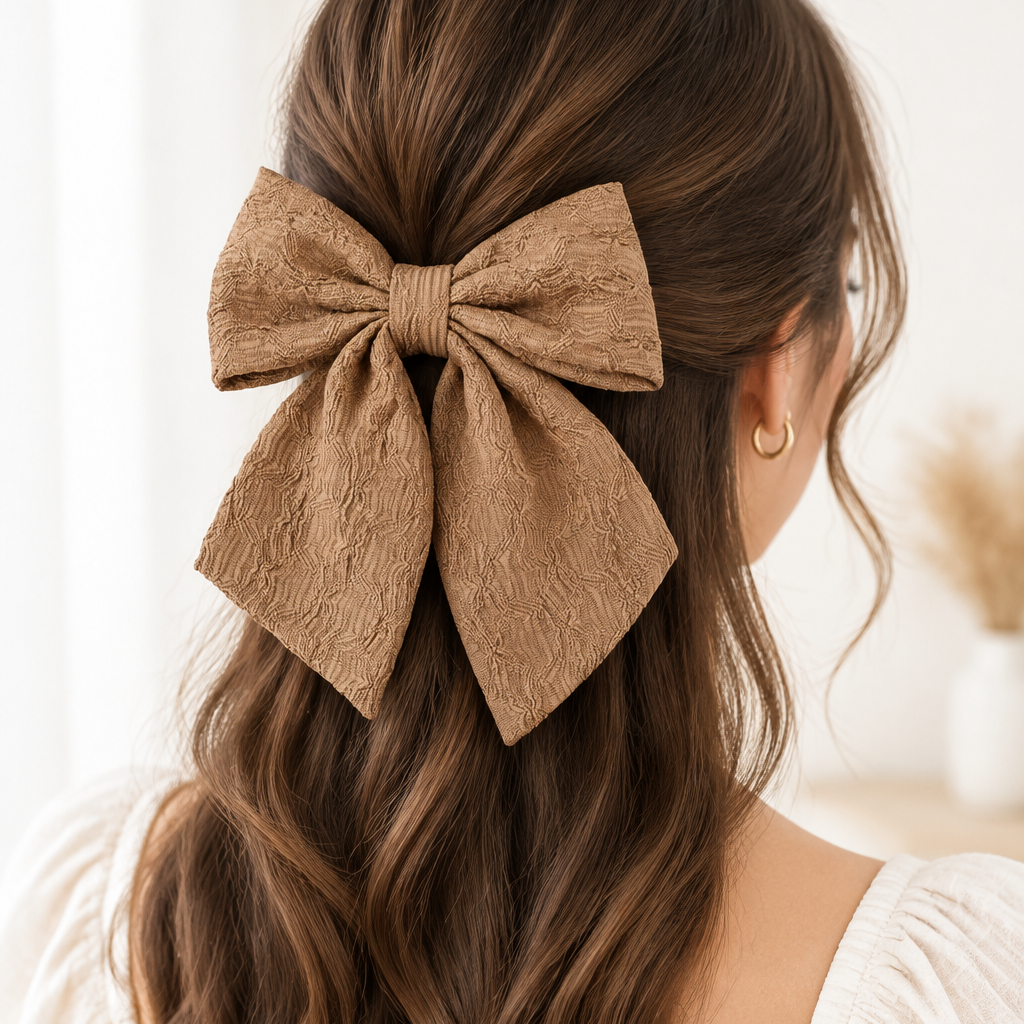 Textured Woven Ribbon Hair Bow with Flowing Tails – 15cm Large Hair Bow Clip (QR2379BR)
