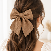 Textured Woven Ribbon Hair Bow with Flowing Tails – 15cm Large Hair Bow Clip (QR2379BR)