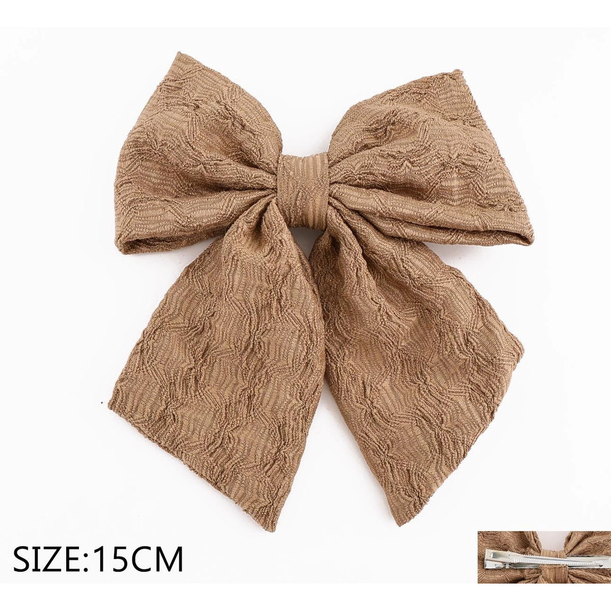 Textured Woven Ribbon Hair Bow with Flowing Tails – 15cm Large Hair Bow Clip (QR2379BR)