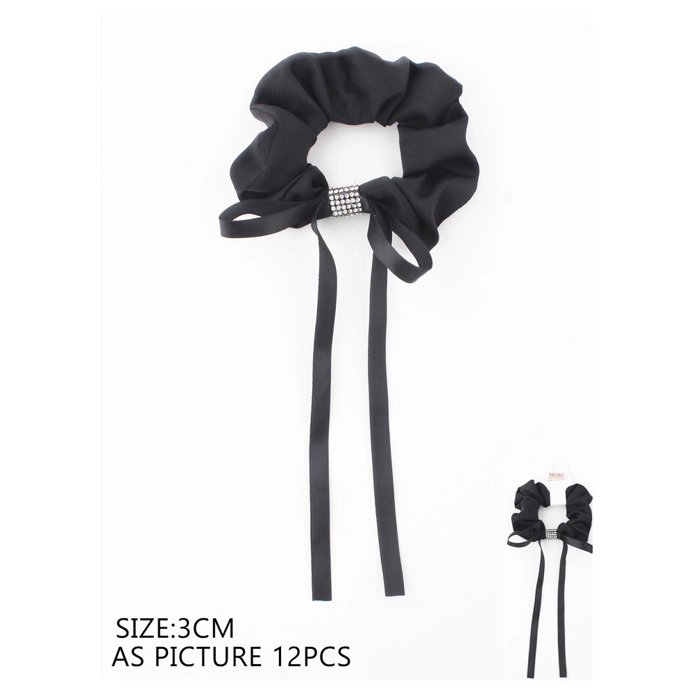 Elegant Black Bow Scrunchie with Rhinestone Detail (QS2030K)
