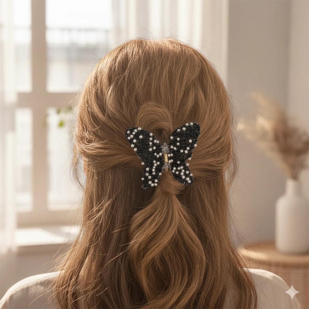 Glamour Flutter Pearl & Rhinestone Butterfly Hair Claw Clip | 7cm
