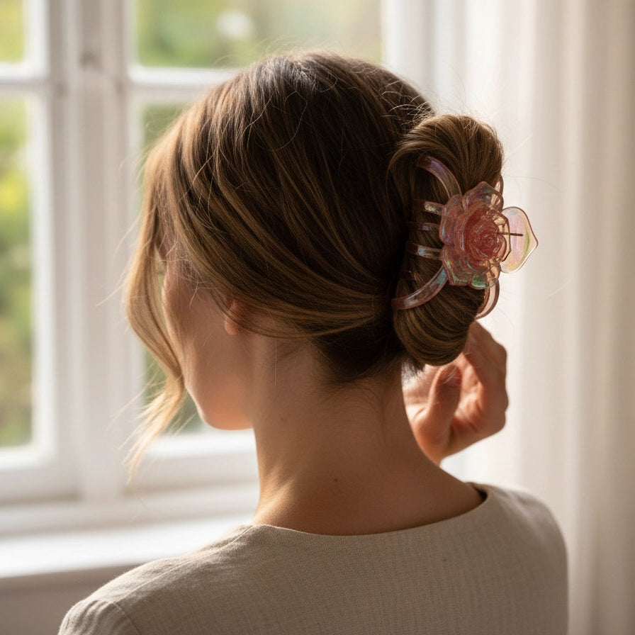 Forever Bloom Iridescent Pink Rose Hair Claw Clip for Romantic Glamour