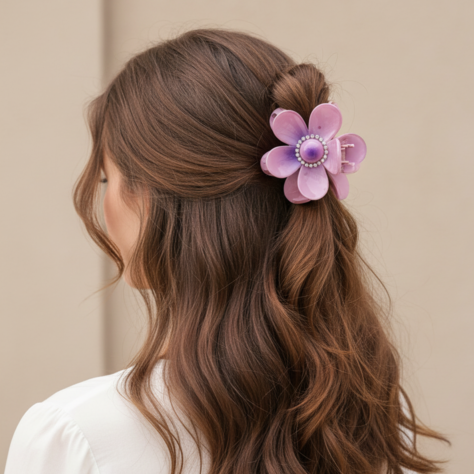 8cm Flower Hair Claw Clip – Matte Gradient Petals with Rhinestone Center (2-Piece Set) (QW2302)