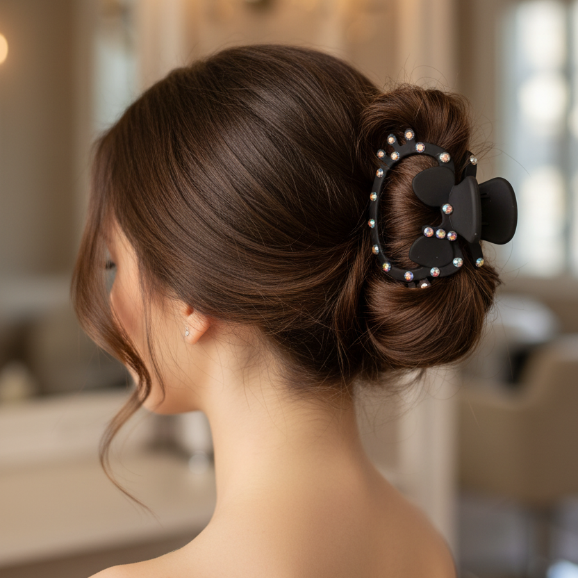 Rhinestone Bow Cat Hair Claw Clip 9cm – Matte Black Cute Kitten Silhouette Hair Clamp with Iridescent Crystal Accents (QW2368K)