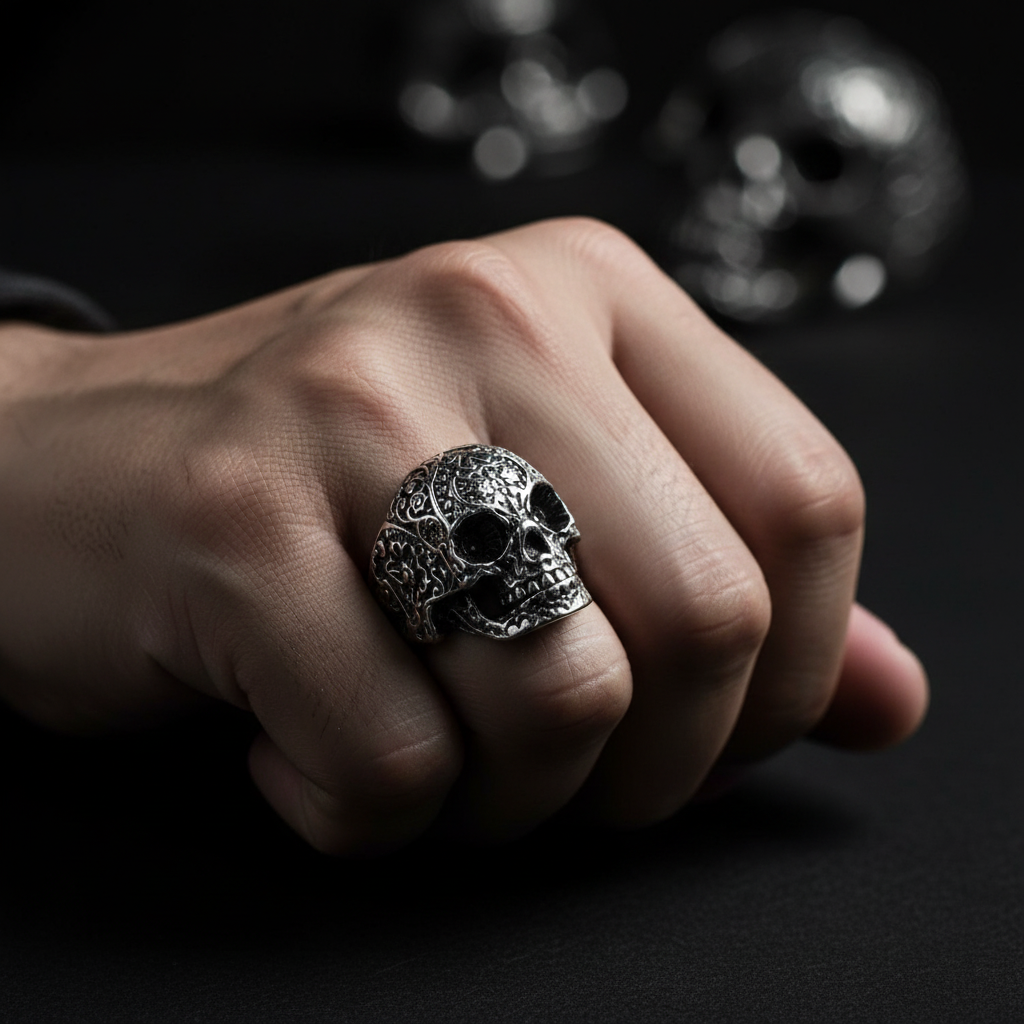 Unleash Your Inner Rebel: Intricate Men's Silver-Tone Skull Statement Ring (R05)