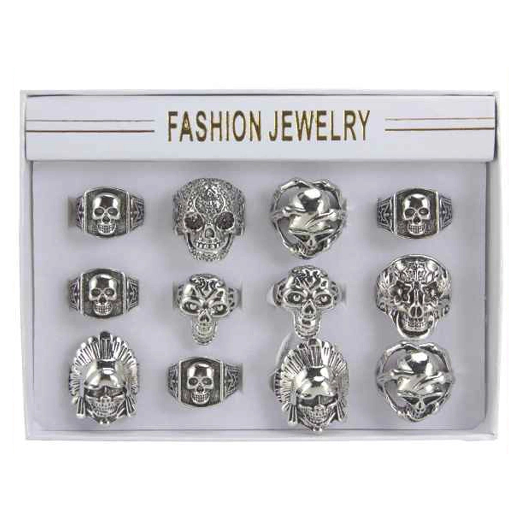Men's Vintage Gothic Skull Ring Set - Retro Silver Punk Biker Rings (12-Piece Box) (R07)