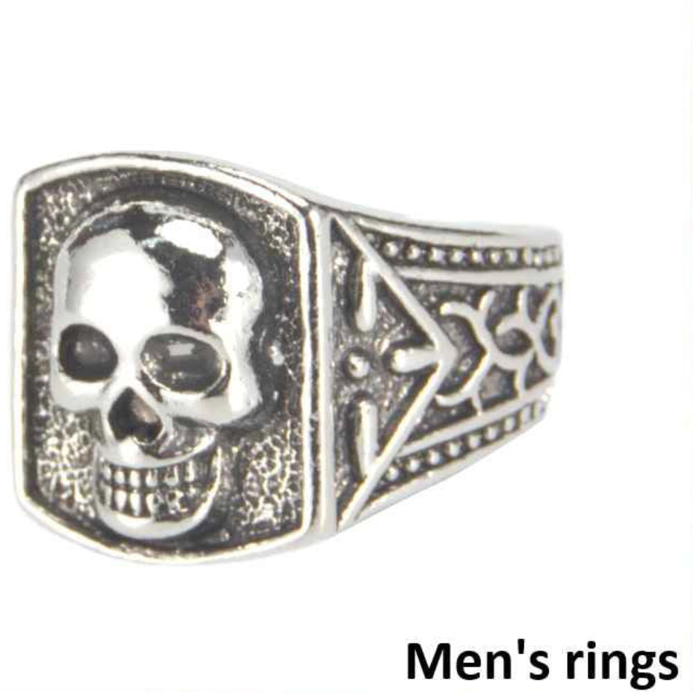 Men's Vintage Gothic Skull Ring Set - Retro Silver Punk Biker Rings (12-Piece Box) (R07)