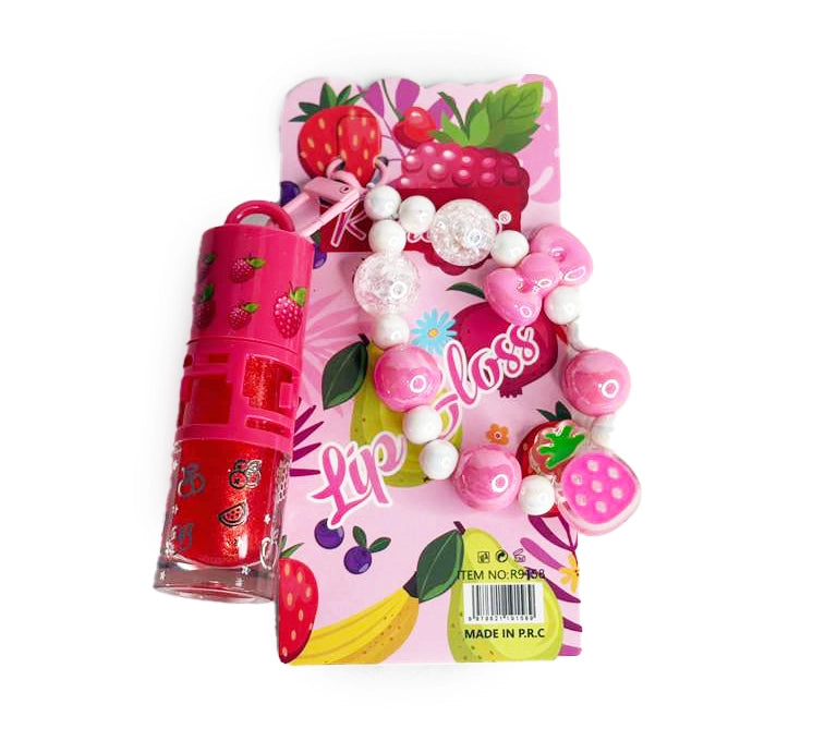 Rimocoo 12-Piece Kids Fruit Lip Gloss Set with Beaded Keychain Braces | Fruity Lip Gloss Party Favors for Girls (R9158)