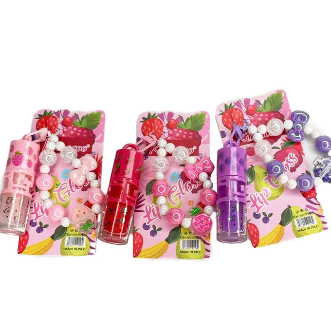 Rimocoo 12-Piece Kids Fruit Lip Gloss Set with Beaded Keychain Braces | Fruity Lip Gloss Party Favors for Girls (R9158)