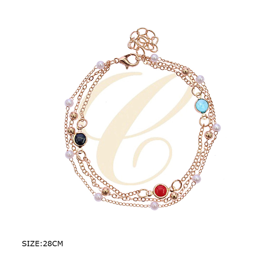 Elegant Multi-Layer Chain Anklet with Faux Pearls & Colorful Charms