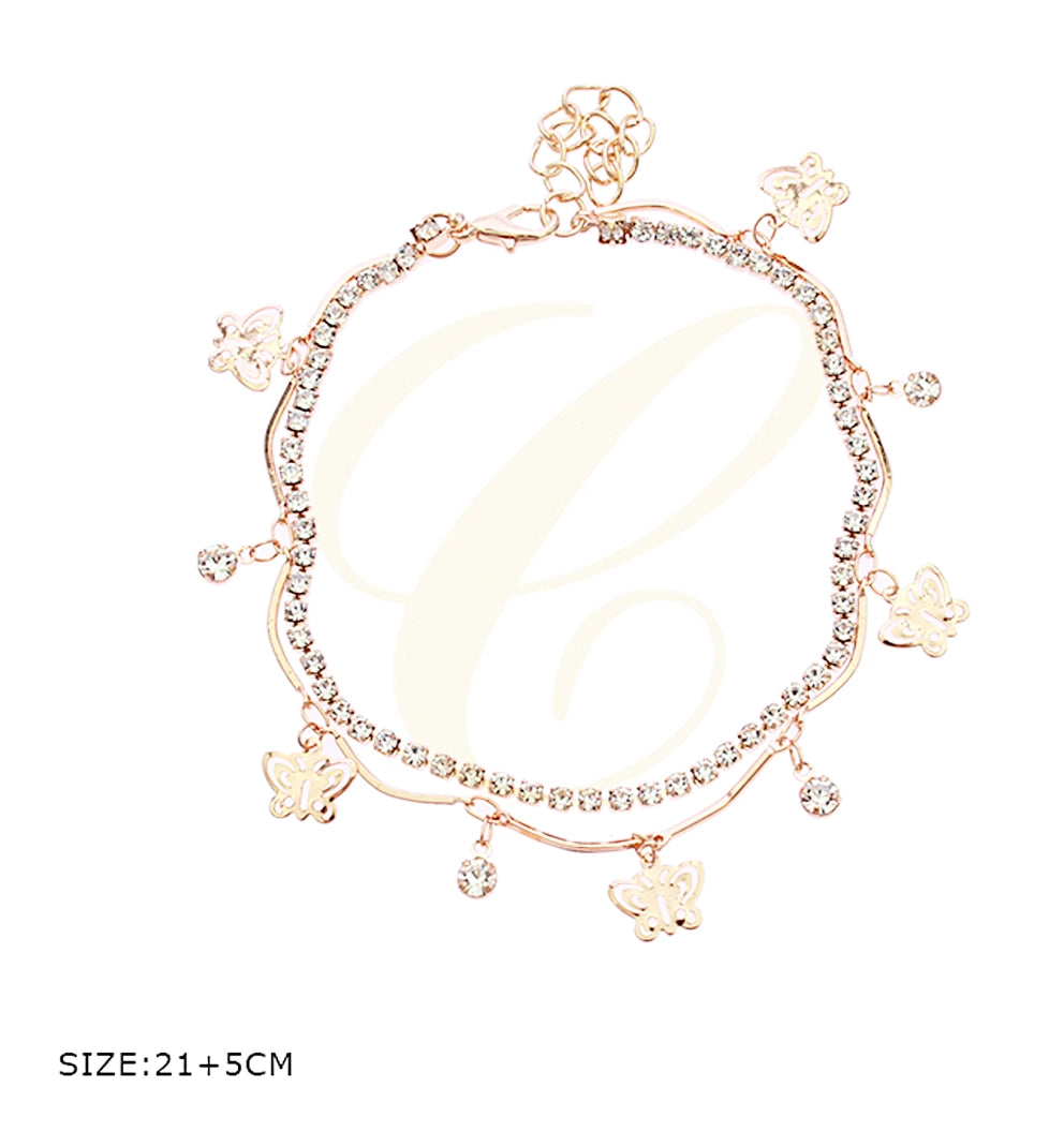 Dazzling Butterfly Charm Layered Anklet (Rose Gold/Silver)