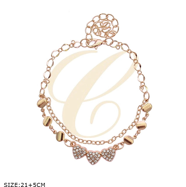 Double Layer Heart Charm Anklet – Sparkling Crystal Pave Hearts & Bead Chain Foot Jewelry (Rose Gold & Silver Finish) (RAK-0140GS)