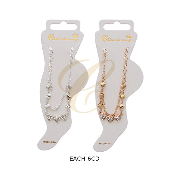 Double Layer Heart Charm Anklet – Sparkling Crystal Pave Hearts & Bead Chain Foot Jewelry (Rose Gold & Silver Finish) (RAK-0140GS)