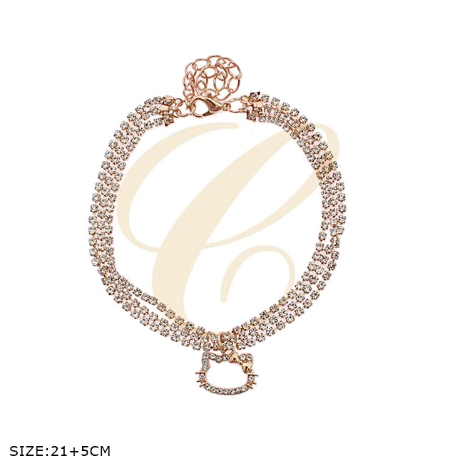 Triple-Row Rhinestone Kitty Charm Anklet (RAK-0142GS)
