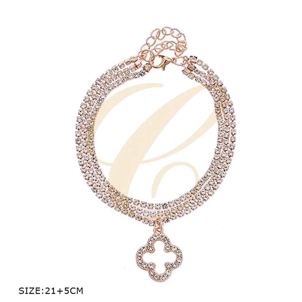 Dazzling Rhinestone Clover Charm Anklet - Rose Gold & Silver Tones
