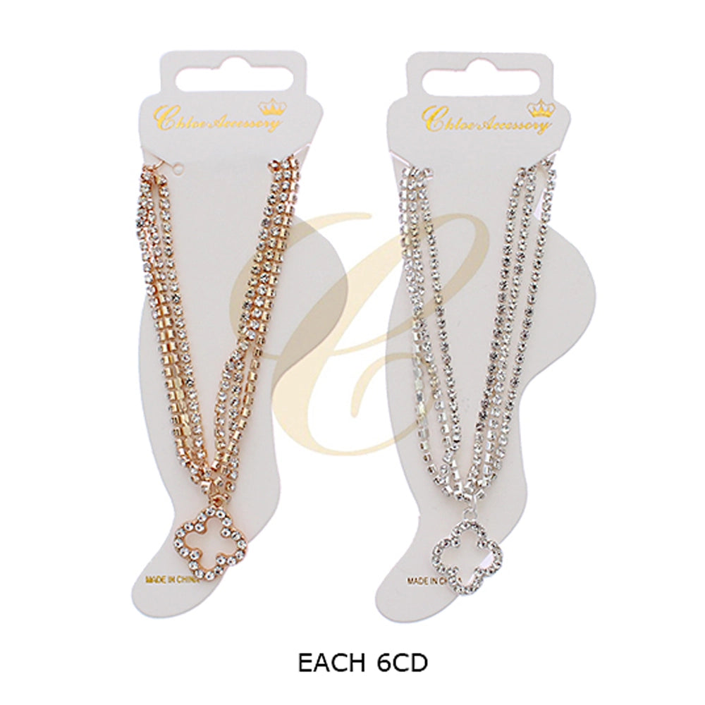 Dazzling Rhinestone Clover Charm Anklet - Rose Gold & Silver Tones