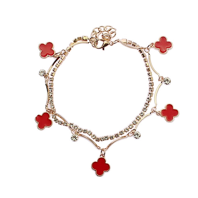 Elegant Double-Layer Clover Charm Anklet - Sparkling Rhinestone Ankle Bracelet (RAK-0171R)
