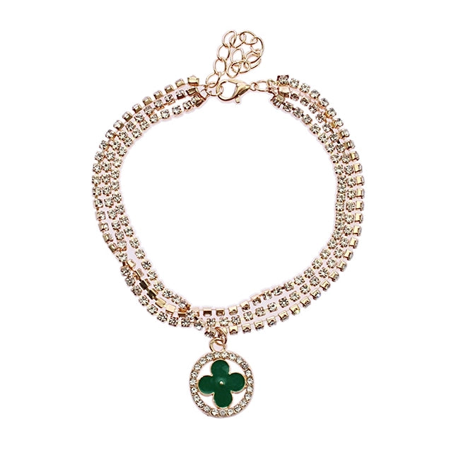 Elegant Clover Triple-Layer Rhinestone Anklet - Sparkling Boho Foot Jewelry (RAK-0176R)