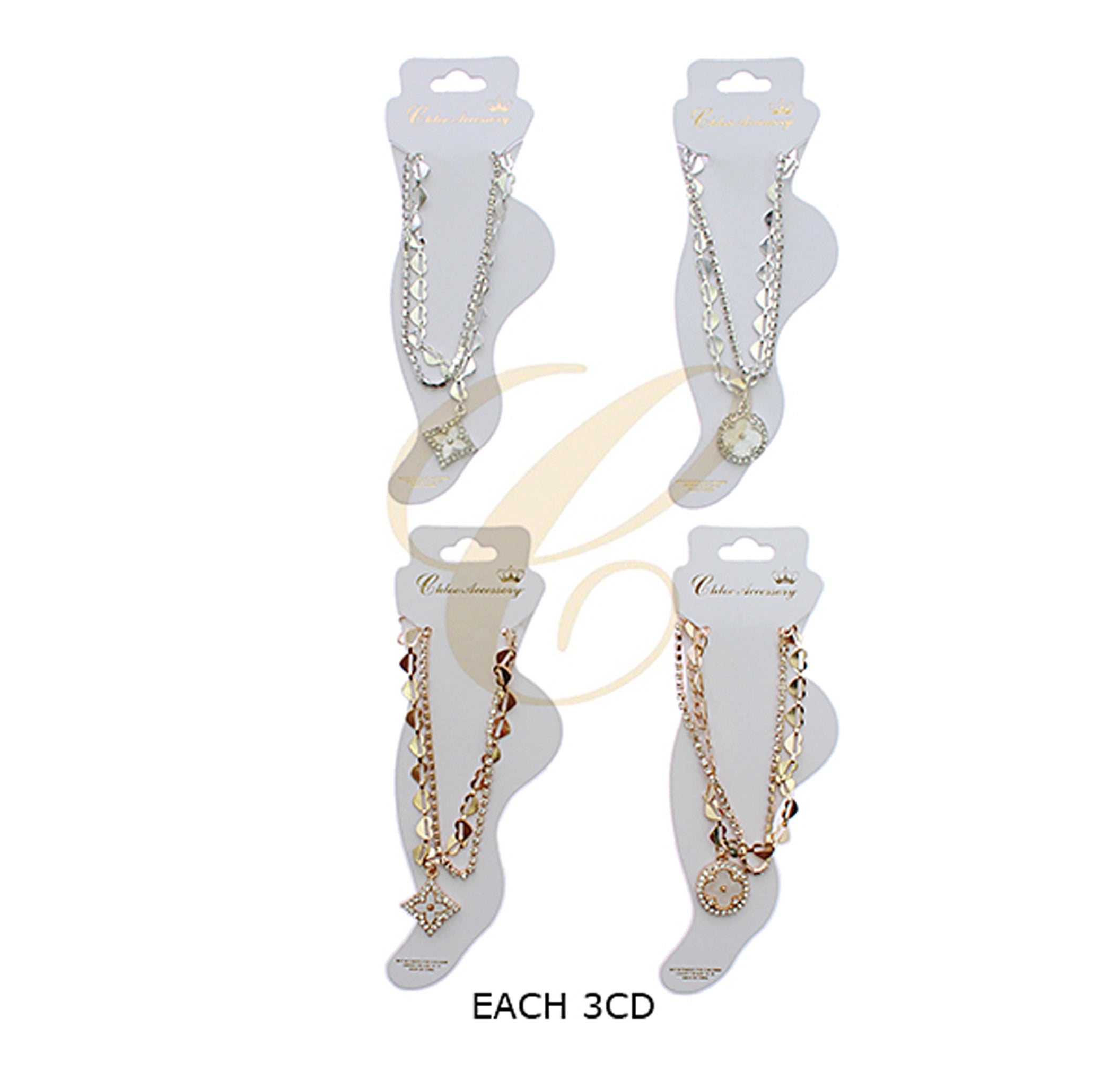 Double-Layer Heart & Rhinestone Charm Anklet (RAK-0180GS) (RAK-0180GS)