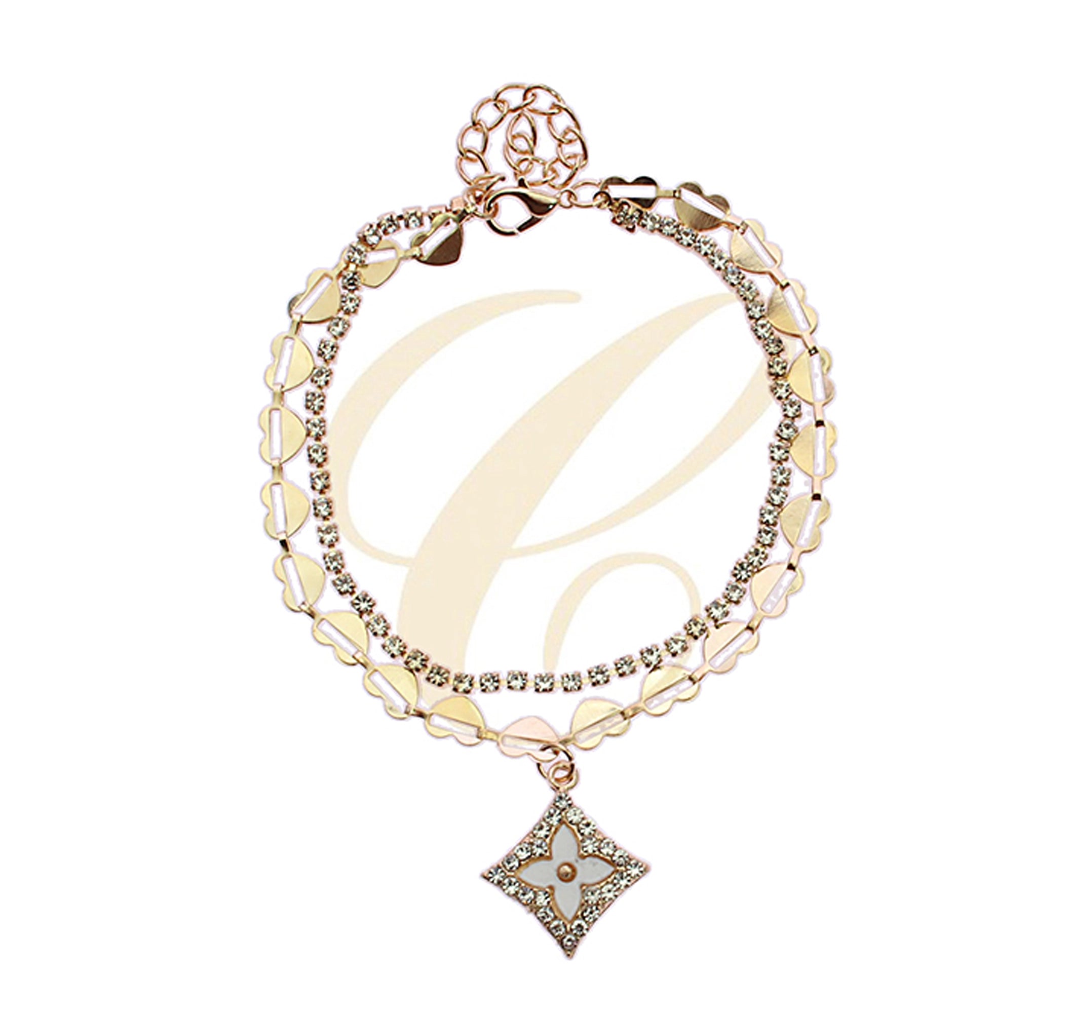 Double-Layer Heart & Rhinestone Charm Anklet (RAK-0180GS) (RAK-0180GS)