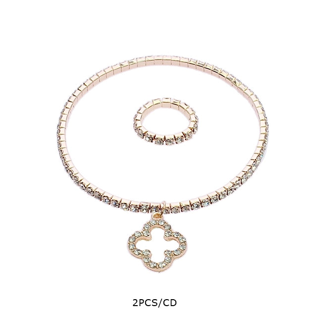 Sparkling Clover Rhinestone Anklet & Toe Ring Set (RAK-0183GS)