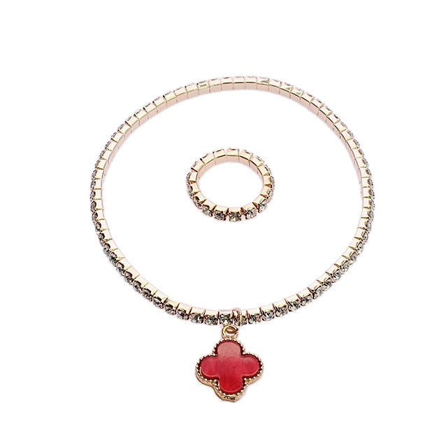 Sparkling Crystal Clover Anklet & Ring Set – Stretch Tennis Style Foot Jewelry (RAK-0184R)