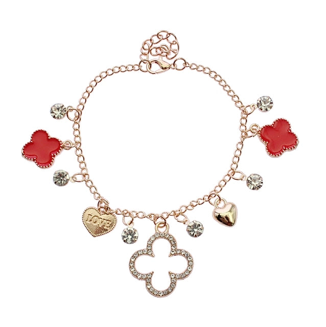 Charming Luck: Multi-Charm Clover & Heart Bracelet with Crystal Accents (RAK-0186R)