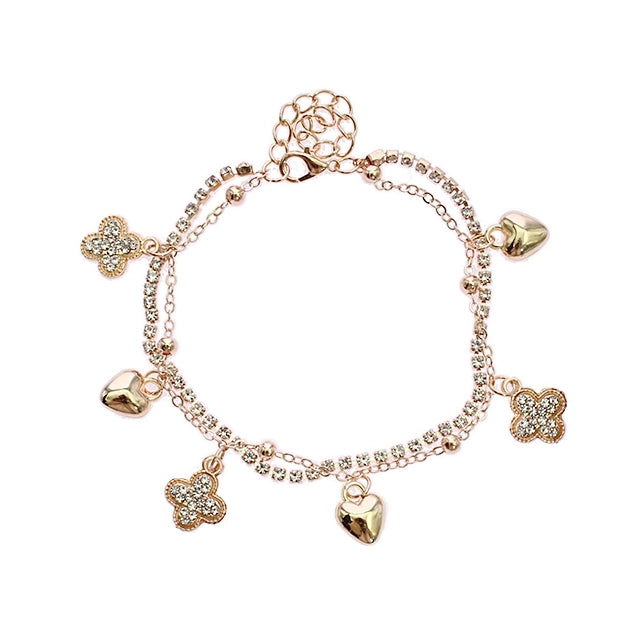 Double-Layer Crystal Charm Anklet – Heart & Clover Design (RAK-0190GS)