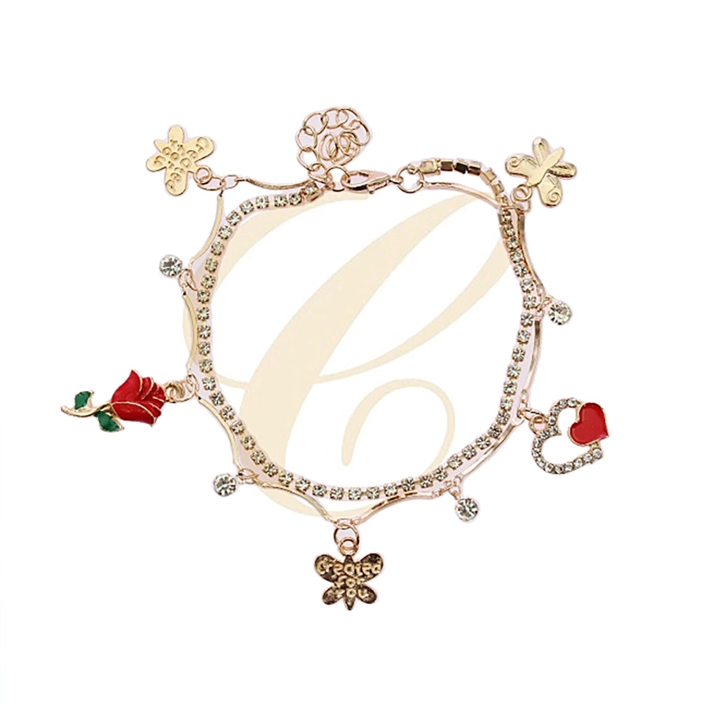 Vintage Romance Charm Bracelet – Rose, Heart & Butterfly Crystal Jewelry (RAK-0193GS)