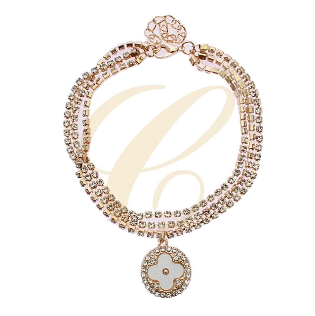 Elegant Multi-Strand Rhinestone Anklet with Clover Charm – Gold & Silver Color (RAK-0194GS)