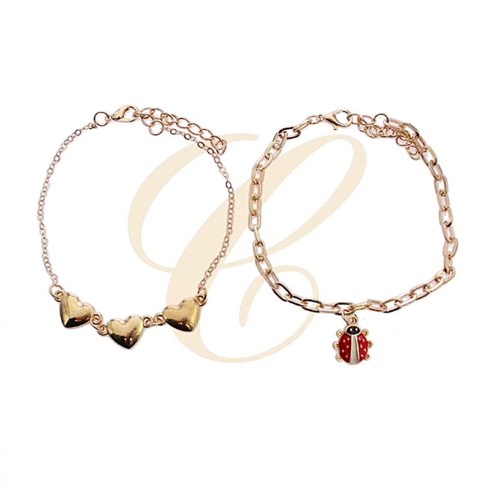 Charm Anklet Set - Gold & Silver Hearts and Ladybug Designs (RAK-0196GS)