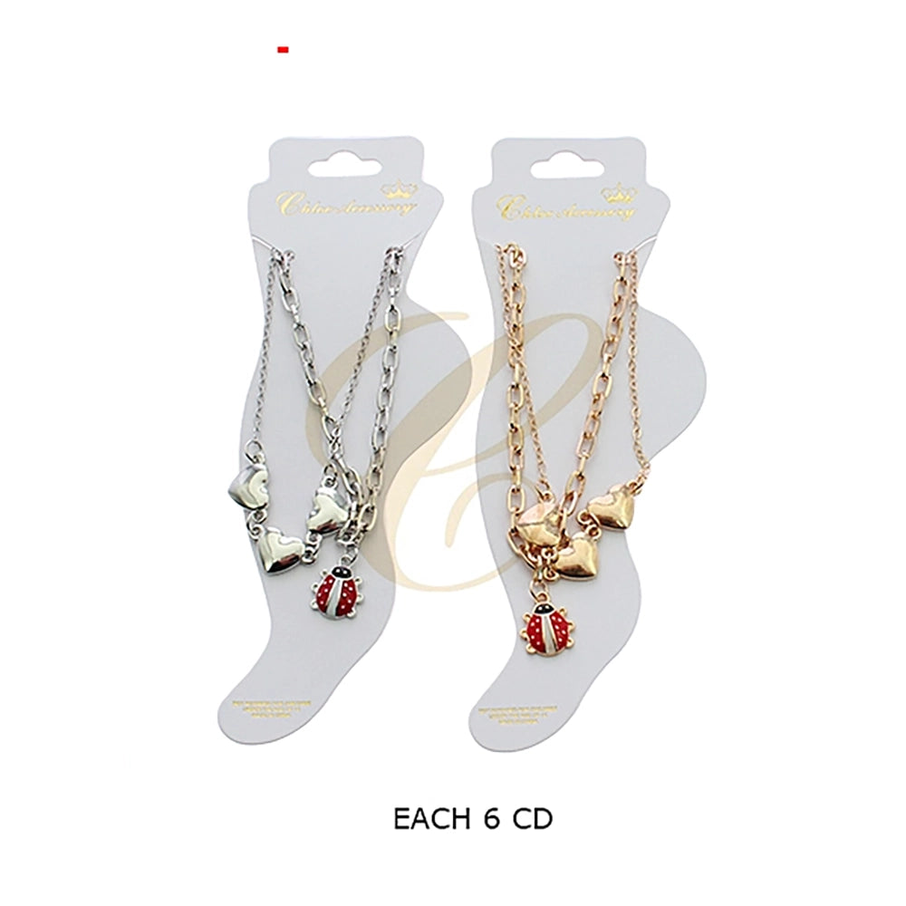 Charm Anklet Set - Gold & Silver Hearts and Ladybug Designs (RAK-0196GS)