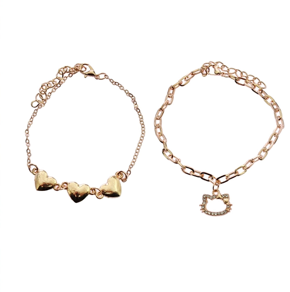 Whimsical Cat & Heart Multi-Charm Anklet Set | Gold & Silver Tones (RAK-0198GS)