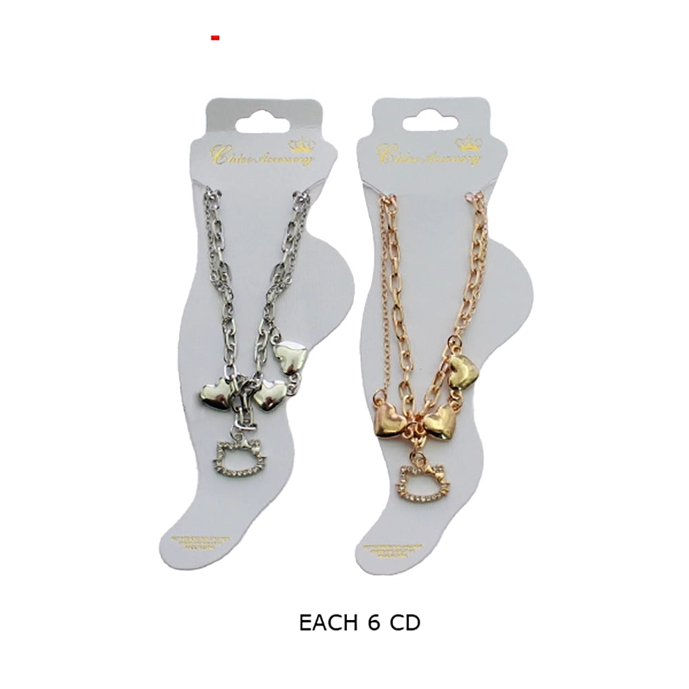 Whimsical Cat & Heart Multi-Charm Anklet Set | Gold & Silver Tones (RAK-0198GS)